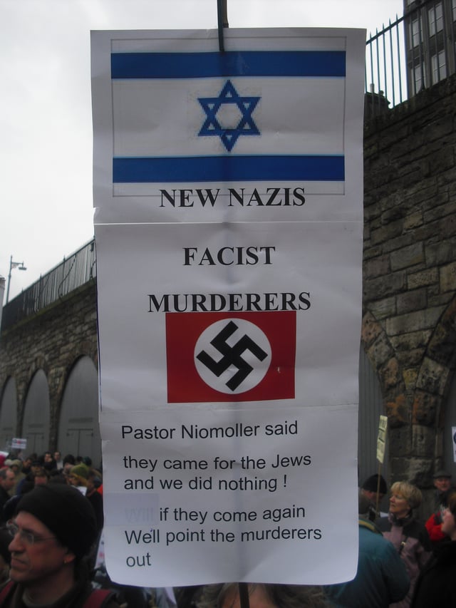 A sign held at a protest in Edinburgh, Scotland on January 10, 2009