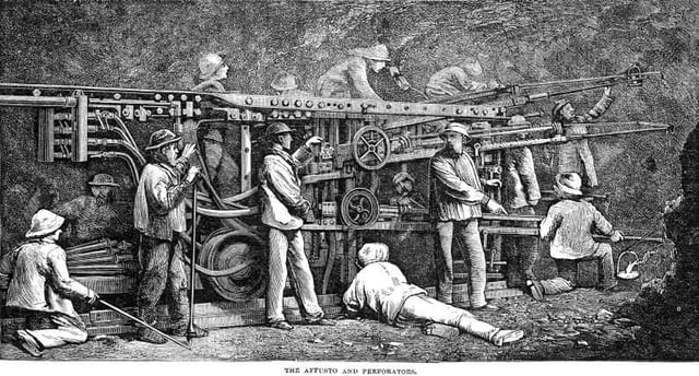A late 19th-century pneumatic rock-drilling machine, invented by Germain Sommeiller and used to drill the first large tunnels through the Alps.