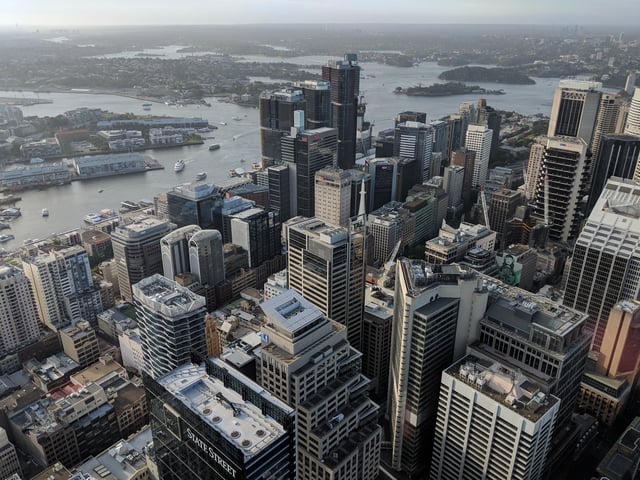 The northwestern portion of the central business district of Sydney from Sydney Tower