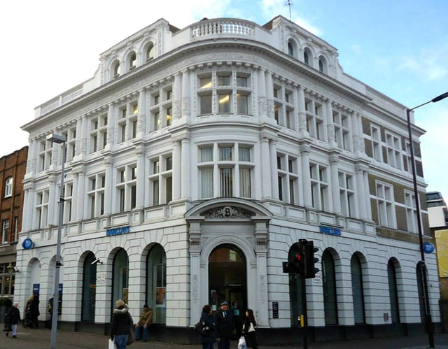 The Barclays Bank branch in Sutton, southern Greater London, which was originally a branch of London and Provincial prior to acquisition by Barclays