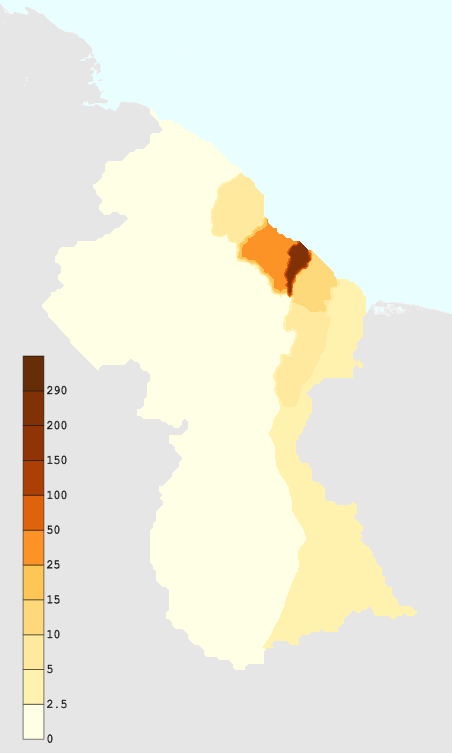 Guyana's population density in 2005 (people per km2)