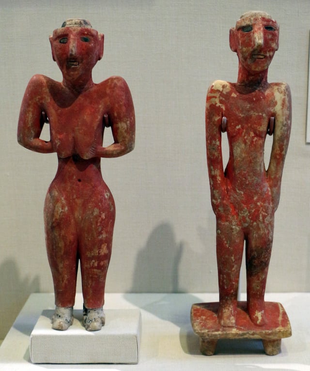 Female and male figurines; 9000-7000 BC; gypsum with bitumen and stone inlays; from Tell Fekheriye (Al-Hasakah Governorate of Syria); University of Chicago Oriental Institute (USA)