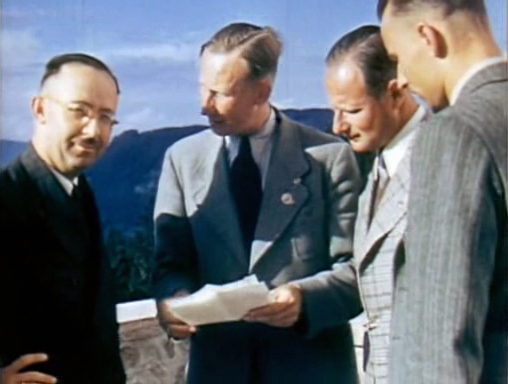 Holocaust perpetrators Heinrich Himmler, Reinhard Heydrich and Karl Wolff at the Berghof, from silent color film shot by Eva Braun, May 1939
