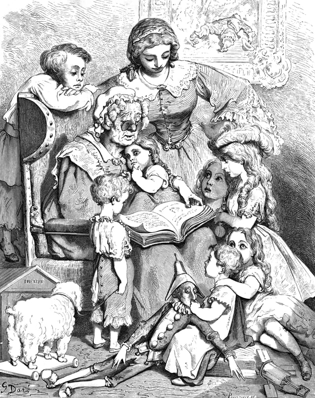 A picture by Gustave Doré of Mother Goose reading written (literary) fairy tales