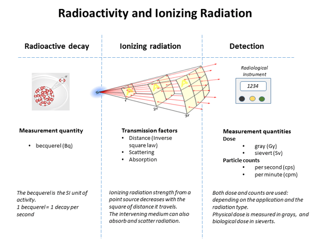 Graphic showing relationships between radioactivity and detected ionizing radiation