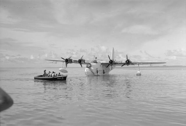 An RAF Short Sunderland moored in the lagoon at Addu Atoll, during WWII