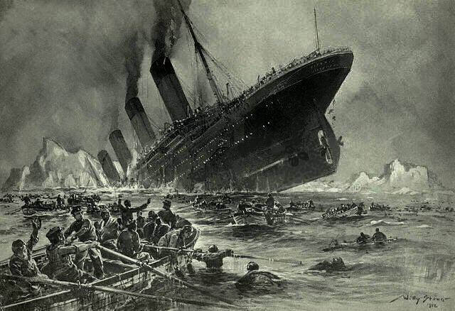 An image depicting the sinking of RMS Titanic surrounded by lifeboats