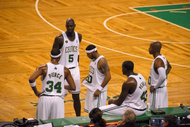 The Celtics during the 2008–09 season opener: (L-R) Paul Pierce, Kevin Garnett, Eddie House, Kendrick Perkins and Ray Allen