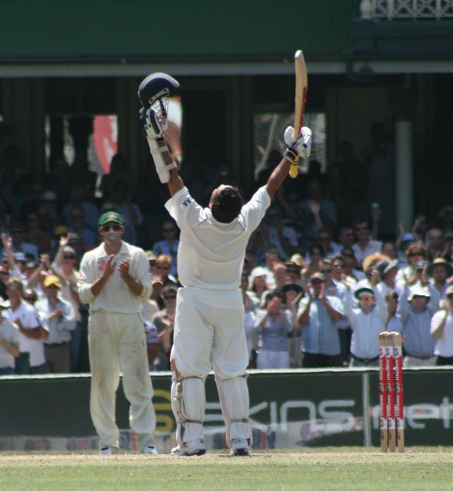 Tendulkar celebrates upon reaching his 38th Test century against Australia in the 2nd Test at the SCG in 2008, where he finished not out on 154