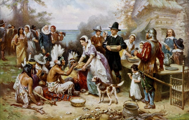 The First Thanksgiving, painted by Jean Leon Gerome Ferris (1863–1930). The First Thanksgiving took place in Plymouth in 1621