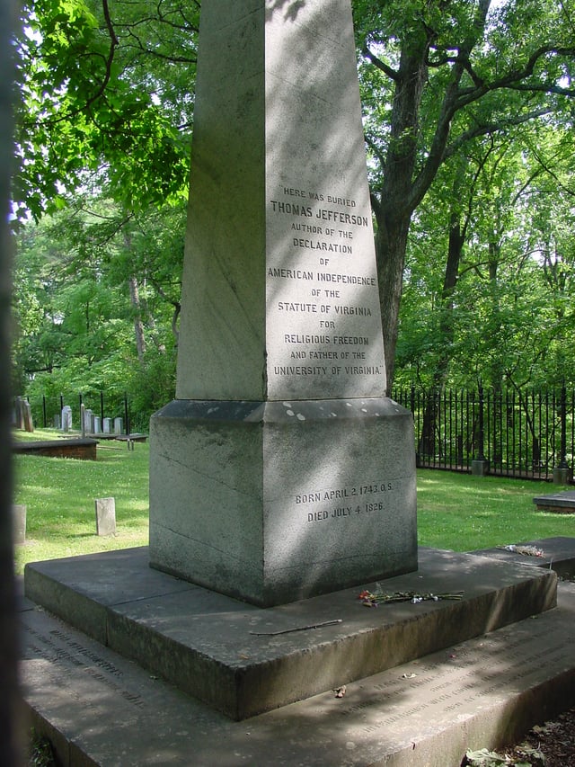 Thomas Jefferson's tombstone. The inscription, as he stipulated, reads, "Here was buried Thomas Jefferson, author of... the Statute of Virginia for Religious Freedom...."