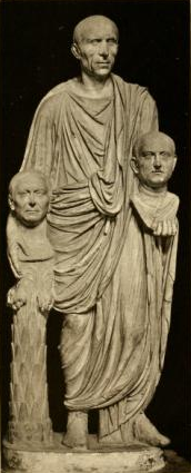 The "Togatus Barberini", depicting a Roman senator holding the imagines (effigies) of deceased ancestors in his hands; marble, late 1st century BC; head (not belonging): mid 1st century BC