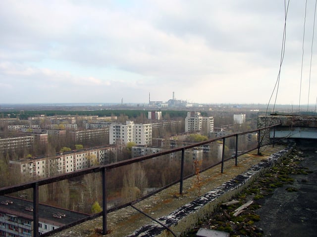 Pripyat lies abandoned with the Chernobyl facility visible in the distance