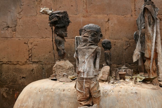 Voodoo altar with several fetishes in Abomey, Benin