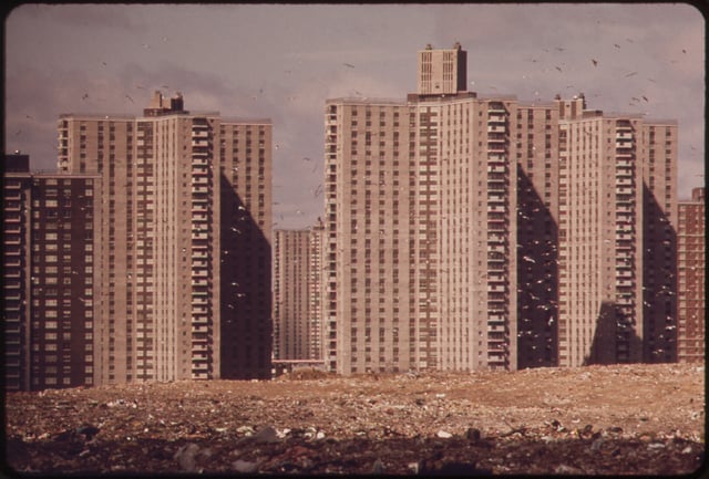 Co-op City in 1973; the lot in the foreground is a dump