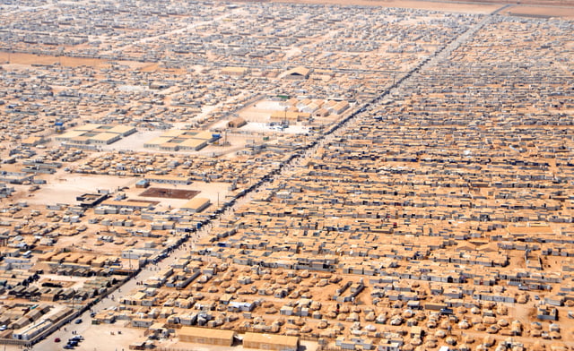 An aerial view of a portion of the Zaatari refugee camp which contains a population of 80,000 Syrian refugees.