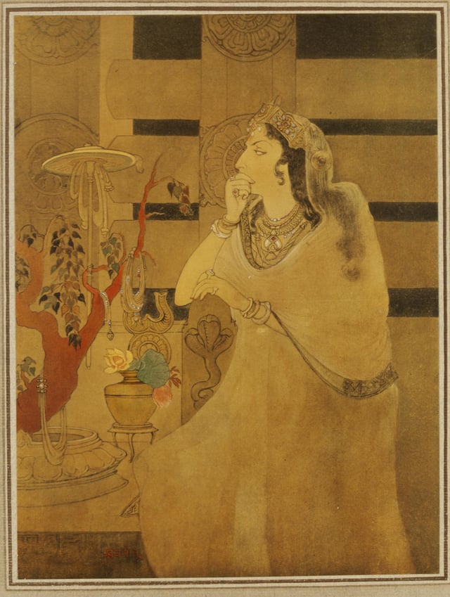 A c. 1910 painting by Abanindranath Tagore (1871–1951) depicting Ashoka's queen standing in front of the railings of the Buddhist monument at Sanchi (Raisen district, Madhya Pradesh).