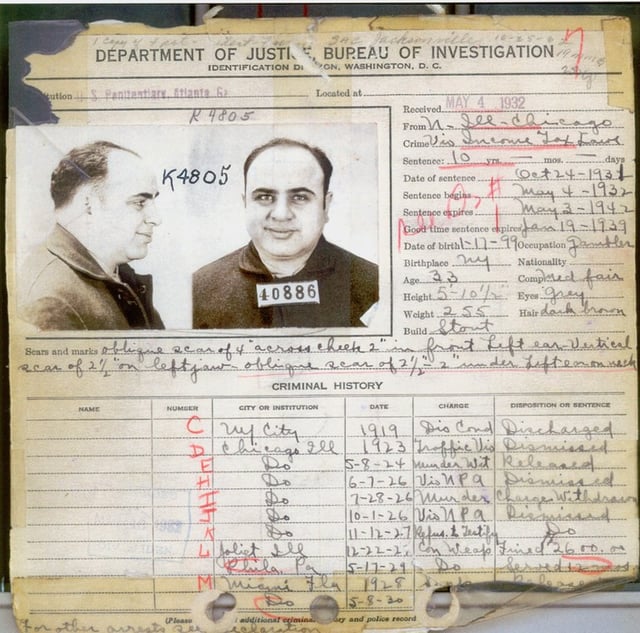 Capone's FBI criminal record in 1932, showing most of his criminal charges were discharged/dismissed