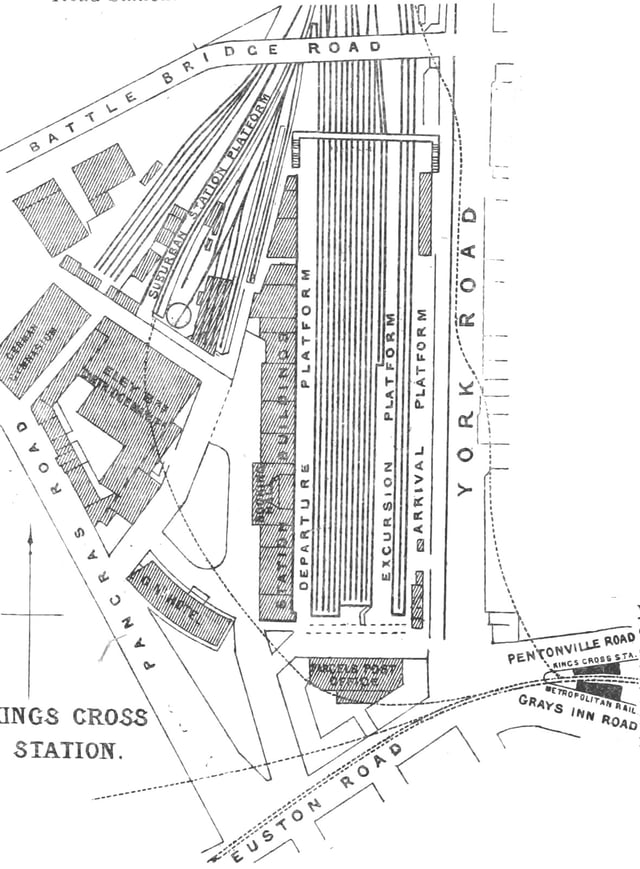 Plan of King's Cross in 1888. Originally there was only one arrival and one departure platform.