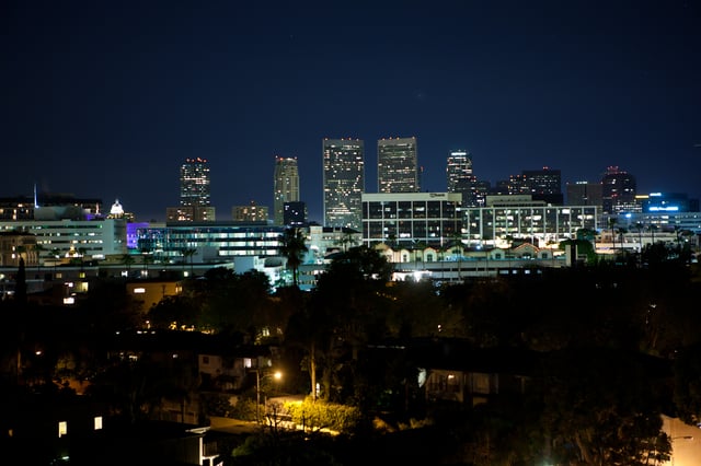 Downtown Beverly Hills at night with Century City in the distance, 2011