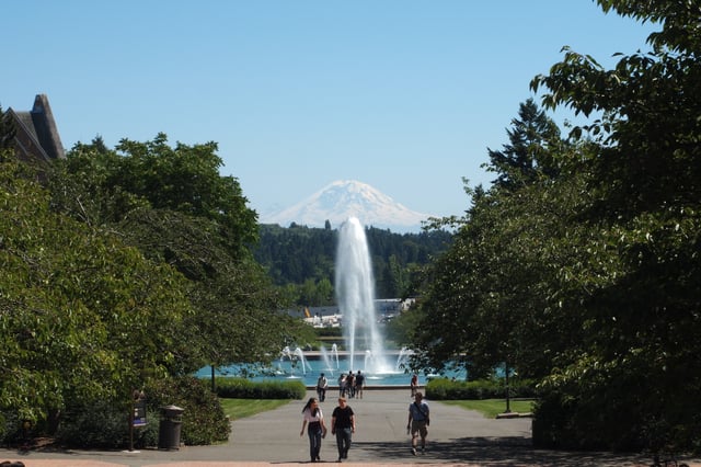 A view of Mount Rainier from Drumheller Fountain.