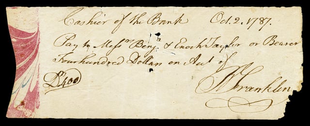 Franklin autograph check signed during his Presidency of Pennsylvania