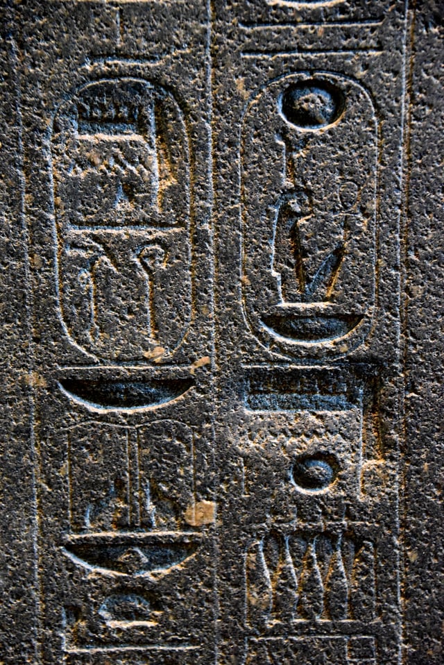 Hieroglyphs on the backpillar of Amenhotep III's statue.