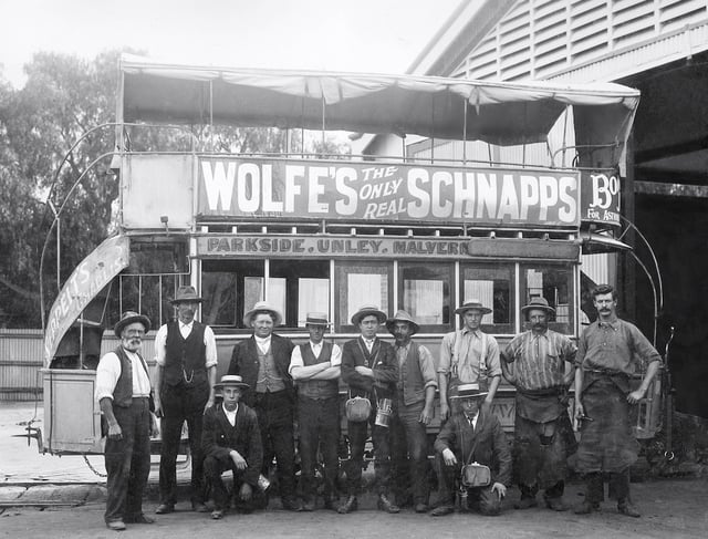 An Adelaide, South Australia horse tram and employees at the depot (probably Unley) about 1910