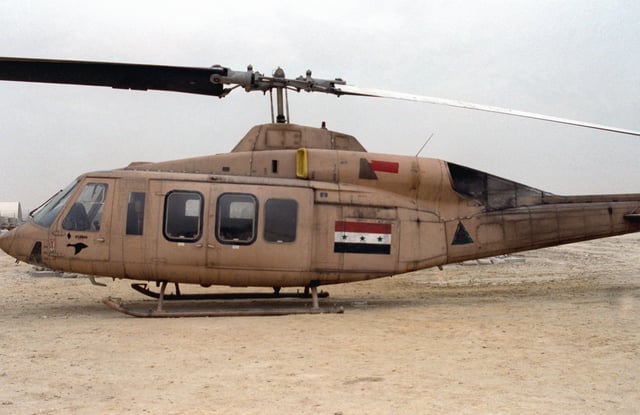 An Iraqi Air Force Bell 214ST transport helicopter, after being captured by a US Marine Corps unit at the start of the ground phase of Operation Desert Storm