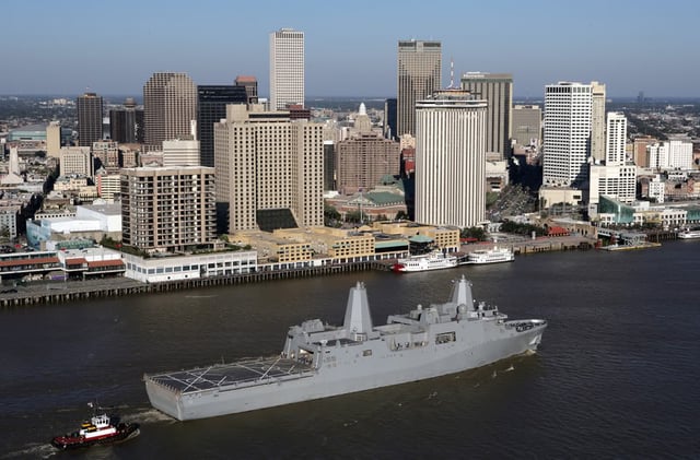 A view of the New Orleans Central Business District as seen from the Mississippi River. USS New Orleans (LPD-18) in foreground (2007)