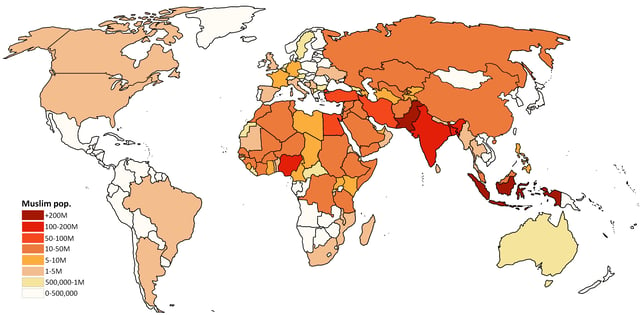 A map of Muslim populations by absolute number, (Pew Research Center, 2009)