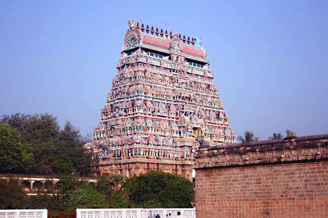 The gopuram (tower) of Natarajar Temple, a typical South Indian temple complex in Chidambaram, Tamil Nadu.