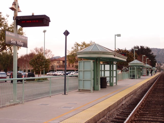 Simi Valley Train Station at dusk from tracks.