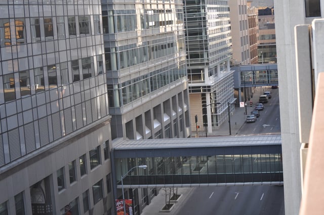 Skywalks connecting buildings over 8th Street in the Downtown Core of Des Moines