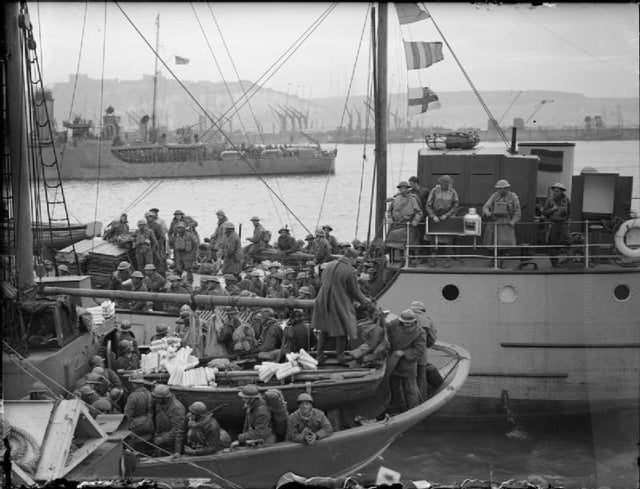 British and French troops evacuated from Dunkirk arrive at Dover.