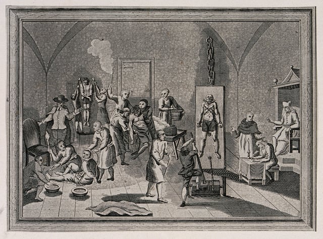 The inside of a jail of the Spanish Inquisition, with a priest supervising his scribe while men and women are suspended from pulleys, tortured on the rack or burnt with torches. Etching.
