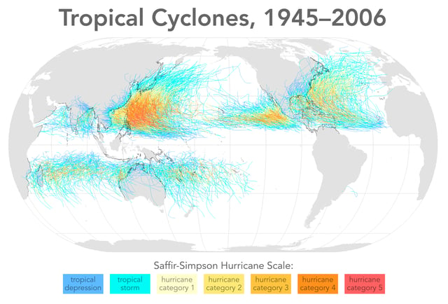 Map of all tropical cyclone tracks from 1945 to 2006.