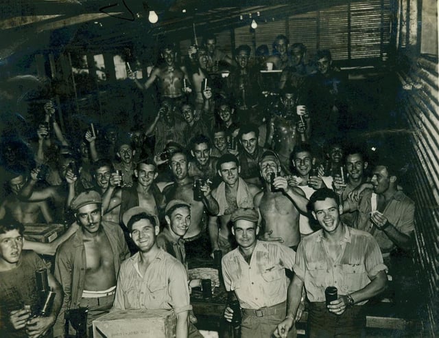 Marines celebrate Victory over Japan Day on Okinawa, August 1945