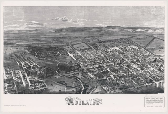 In July 1876, the Illustrated Sydney News published a special supplement that included an early aerial view of the City of Adelaide, the River Torrens and portion of North Adelaide from a point above Pennington Terrace, North Adelaide.