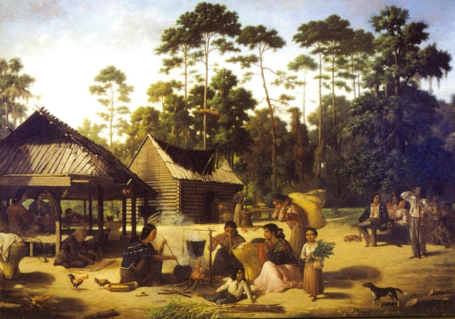 Choctaw Village near the Chefuncte, by Francois Bernard, 1869, Peabody Museum – Harvard University. The women are preparing dye in order to color cane strips for making baskets.