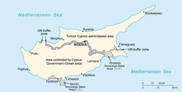 A map showing the division of Cyprus