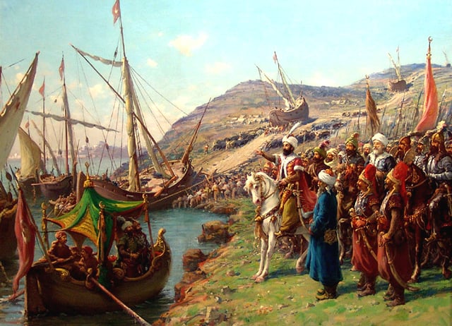 The Ottoman Turks transport their fleet overland into the Golden Horn.