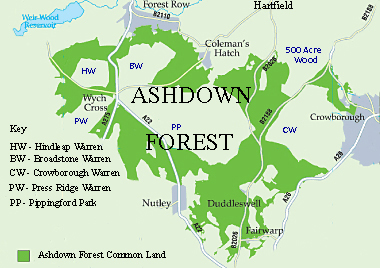 Map of Ashdown Forest, showing, in green, the distribution of its common land.