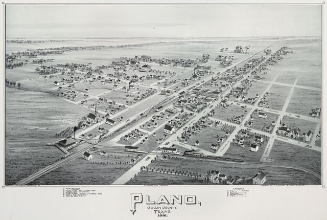 Plano, Texas in 1891. Toned lithograph by A.E. Downs, Boston. Published by T. M. Fowler & James B. Moyer. Amon Carter Museum, Fort Worth, Texas
