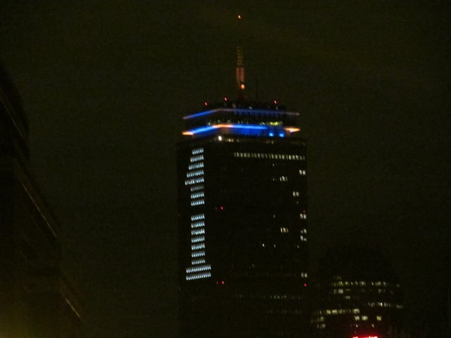 The Prudential Tower lit up with a large "1" for the One Fund Boston a week after the bombing