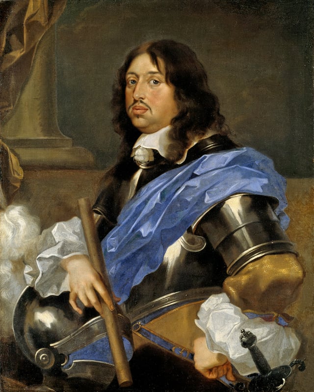 Carl X Gustav (1626–1660), King of Sweden 1654–1660, wears ruffled sleeves, armour, small cravat and flat-lace collar.
