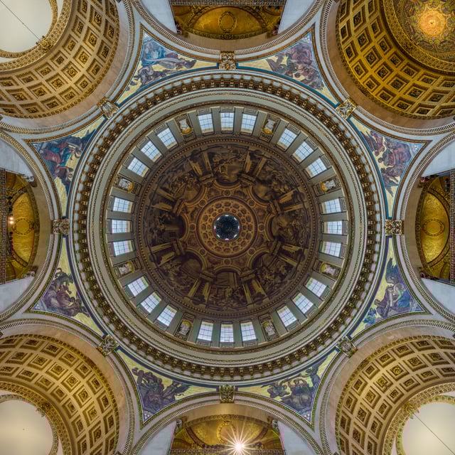 The interior of the dome showing how Thornhill's painting continues an illusion of the real architectural features