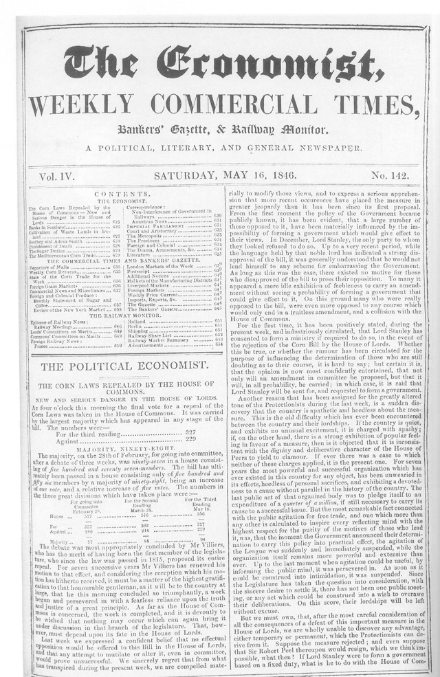 Front page of The Economist on 16 May 1846