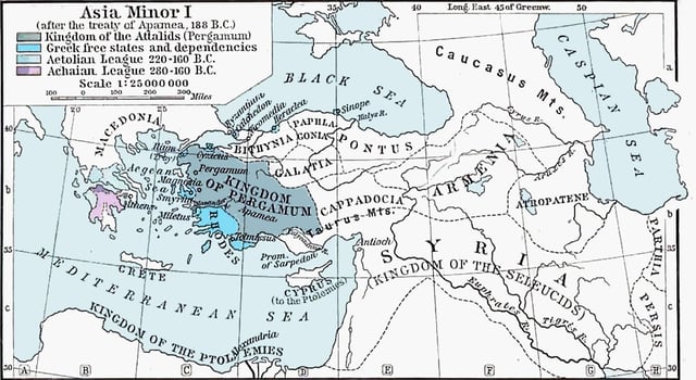 The reduced empire (titled: Syria, Kingdom of the Seleucids) and the expanded states of Pergamum and Rhodes, after the defeat of Antiochus III by Rome. Circa 188 BC.