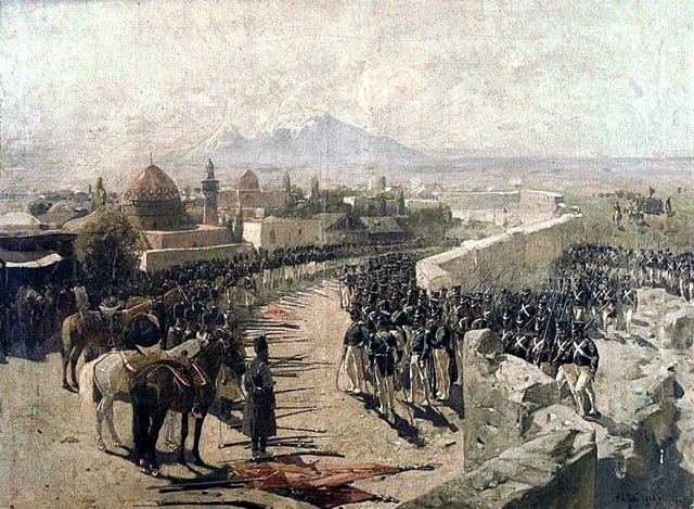 Franz Roubaud's painting of the Erivan Fortress siege in 1827 by the Russian forces under leadership of Ivan Paskevich during the Russo-Persian War (1826–28) (indicating how dangerously close the Russians had come near Iran)